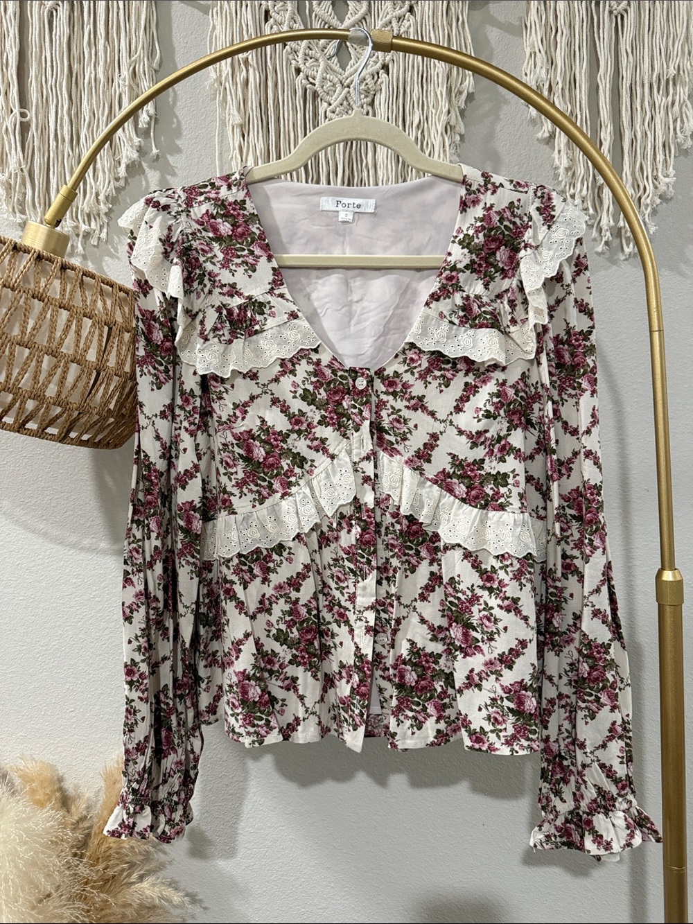 Forte Cream Blouse with Rose Floral Print and Lace Ruffles